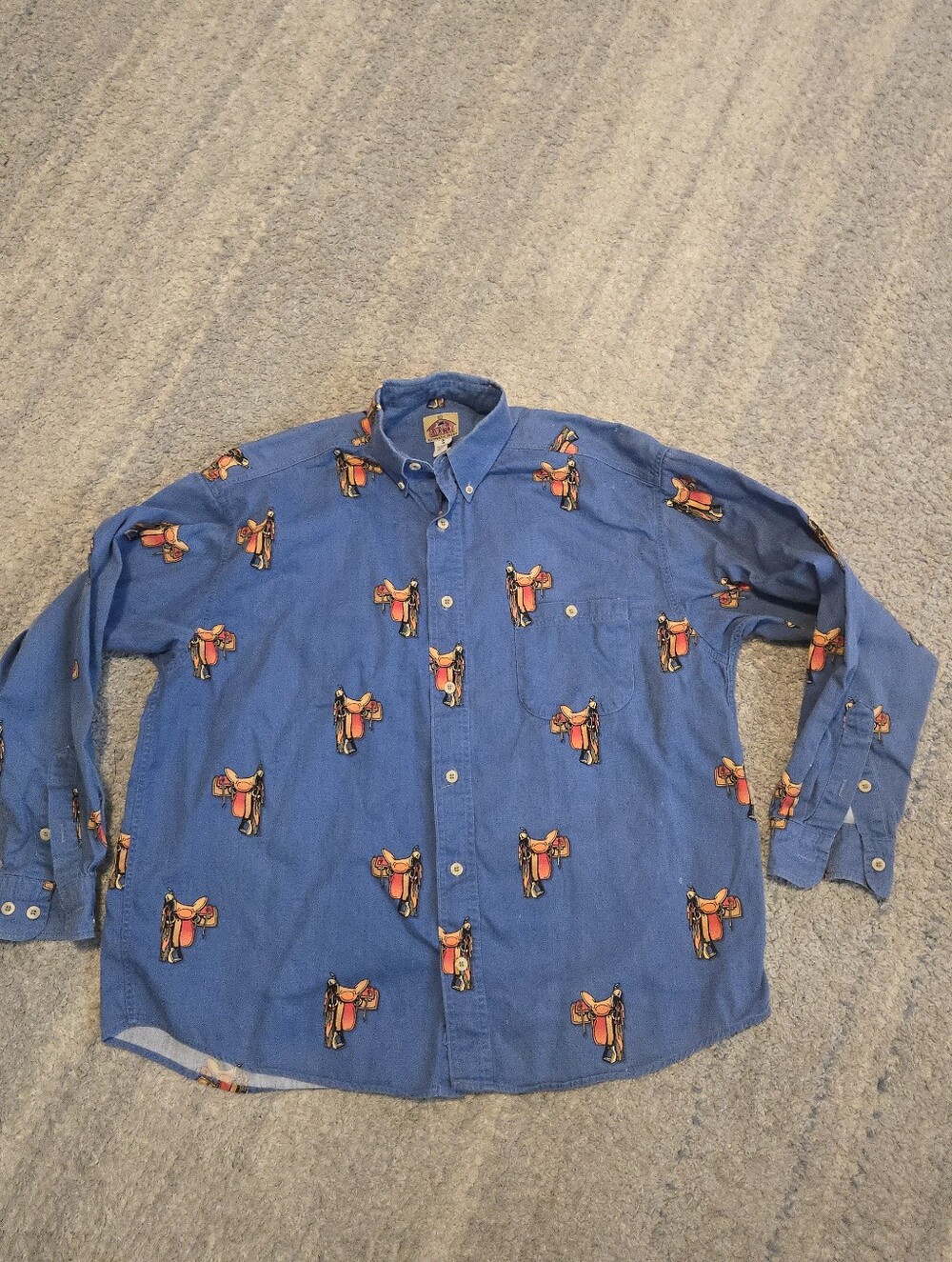 Barn Fly Western Shirt Mens S Blue Cotton Saddle Print Button Up Long Sleeve